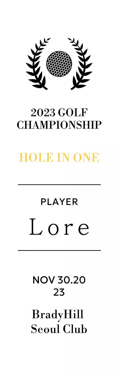 Plakat pemenang pemain golf hole-in-one dengan ilustrasi bola golf dan pohon salam