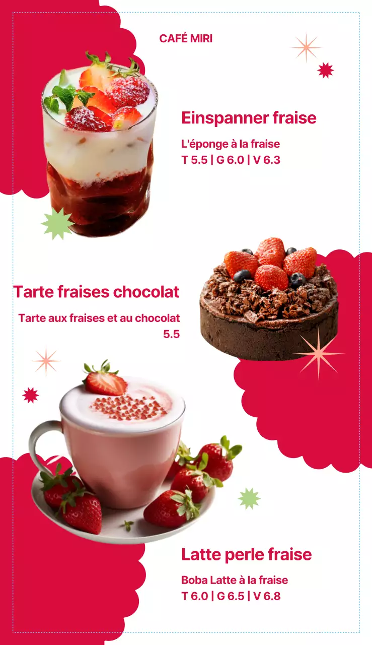 Le nouveau menu du café se caractérise par une couleur principale rouge, une mise en page et des éléments graphiques avec des photos de boissons et de desserts à la fraise.