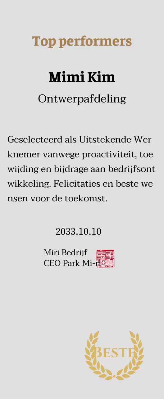 Luxe bedankbord met gouden lauweren en stempel