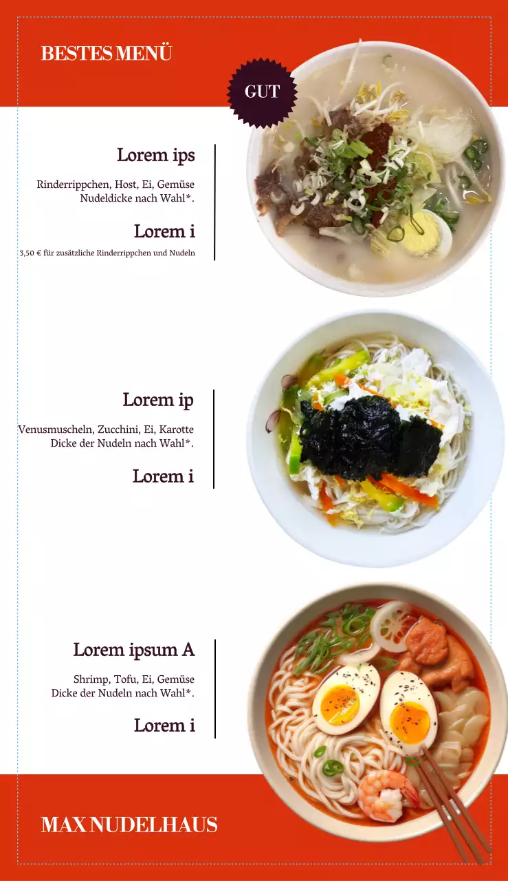 Speisekarte für ein Nudelrestaurant mit klarer Schrift und Bildgestaltung und orangefarbenen Farbakzenten