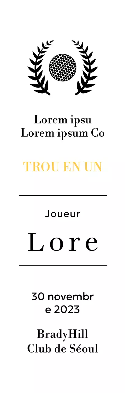 Plaque du gagnant d'un trou d'un coup au golf avec balle de golf et couronne de laurier (illustration)