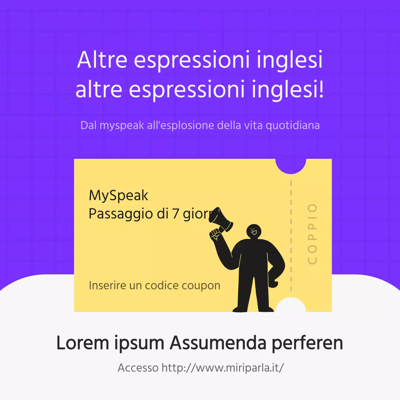 Promuovere un inglese commerciale semplice in bianco e nero e in viola