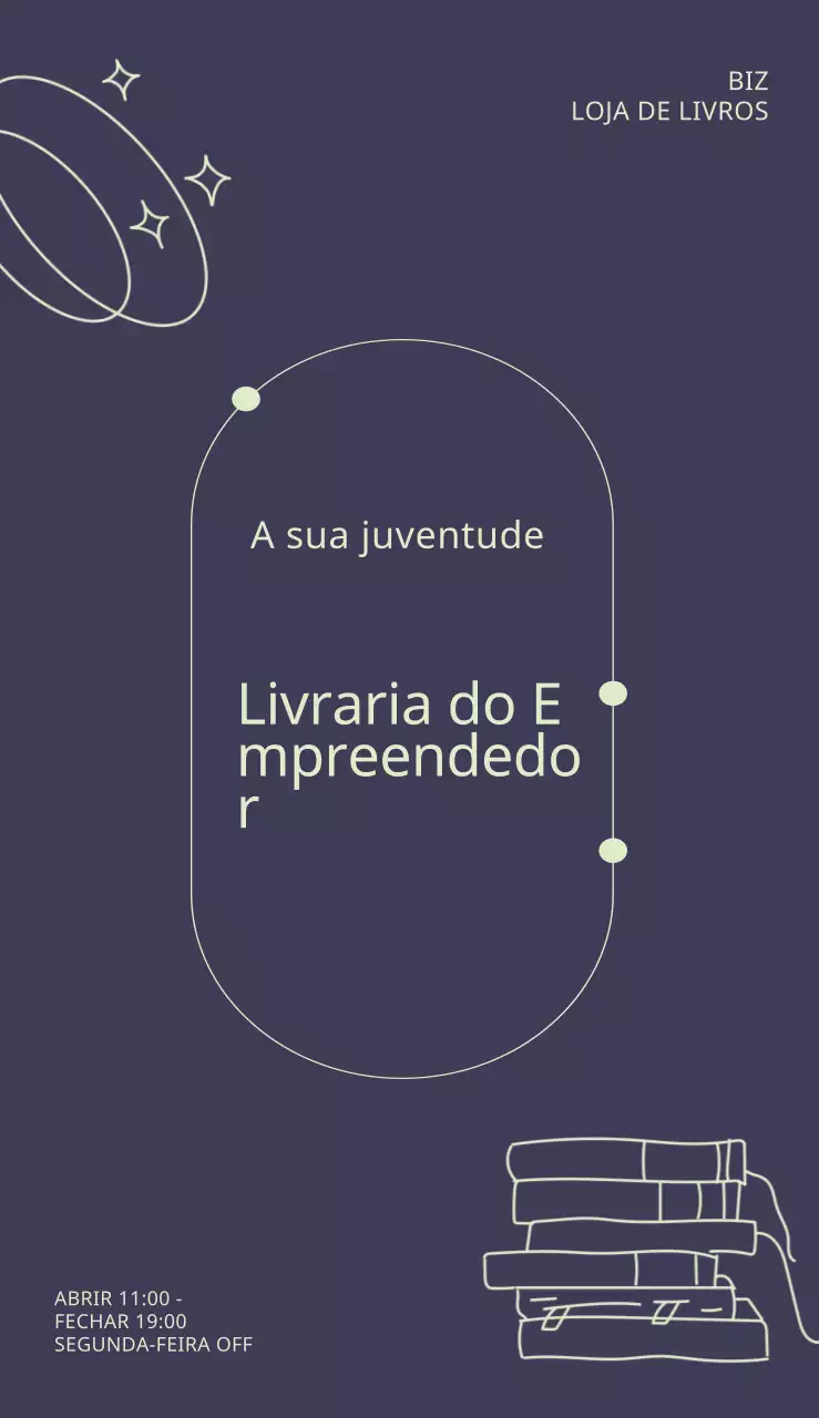 Placa de sinalização de layout com formas de linhas e nome da livraria em destaque