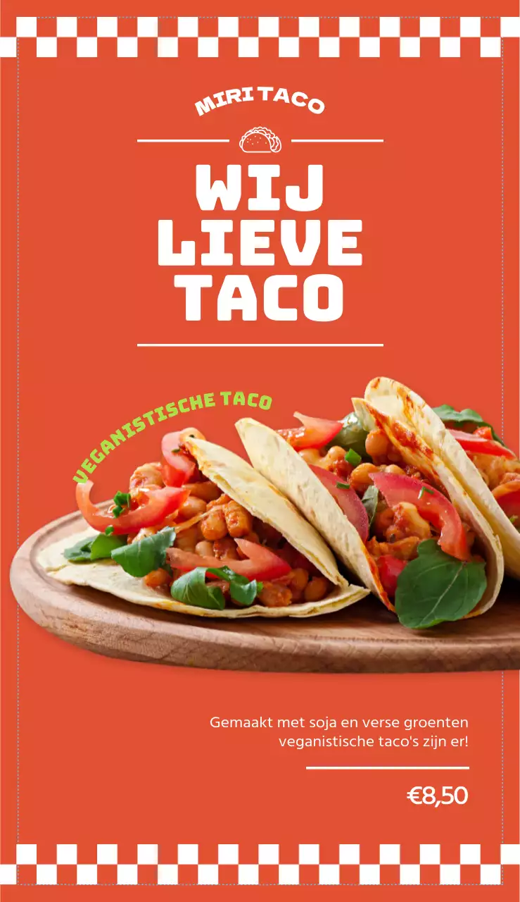 Menu van een taco-restaurant met levendige oranje kleuren, grafische elementen en fotorealistische afbeeldingen van taco's