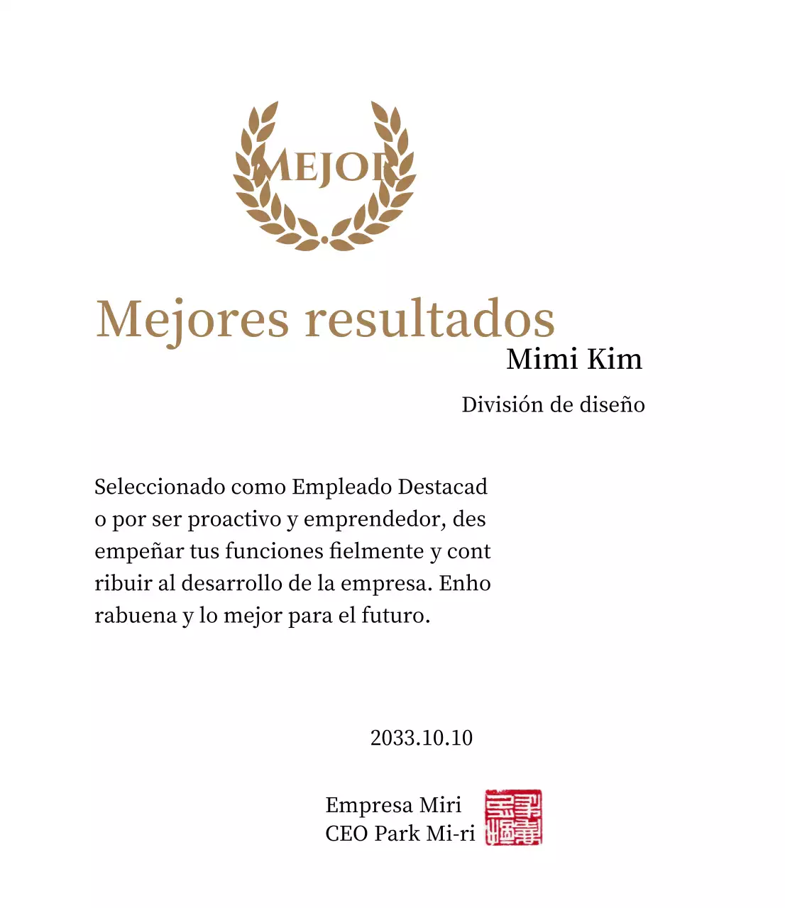 Lujosa placa de agradecimiento con laureles y sello dorados