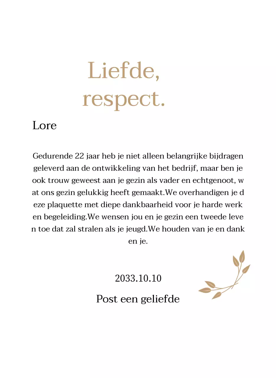 Classy bedankbord met goud en bladeren