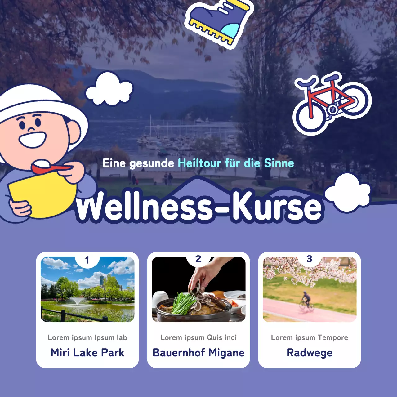 Werbung für lokale Tourismusprodukte in Lila und Marineblau