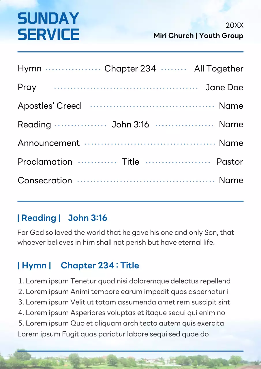 A simple blue and white Sunday thanksgiving service bulletin guide