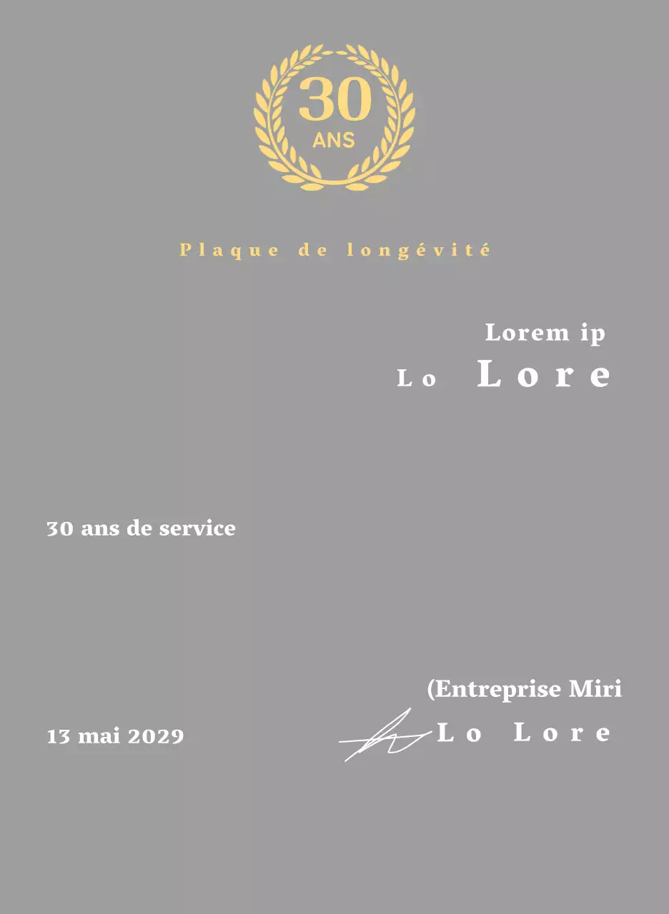 Plaque d'entreprise pour longs états de service avec symbole de laurier