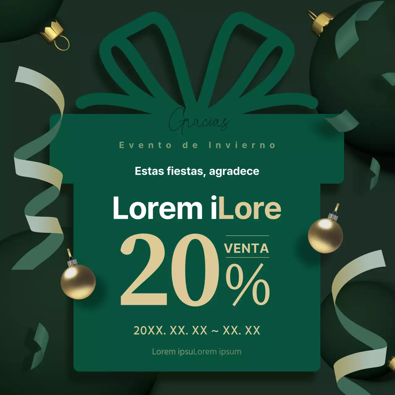 Moderno anuncio de rebajas de invierno en dorado y verde