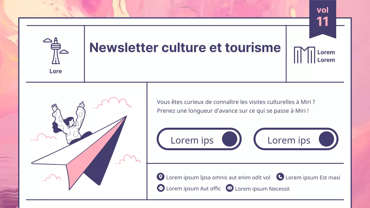 Un guide d'information sur le tourisme culturel moderne en rose et violet