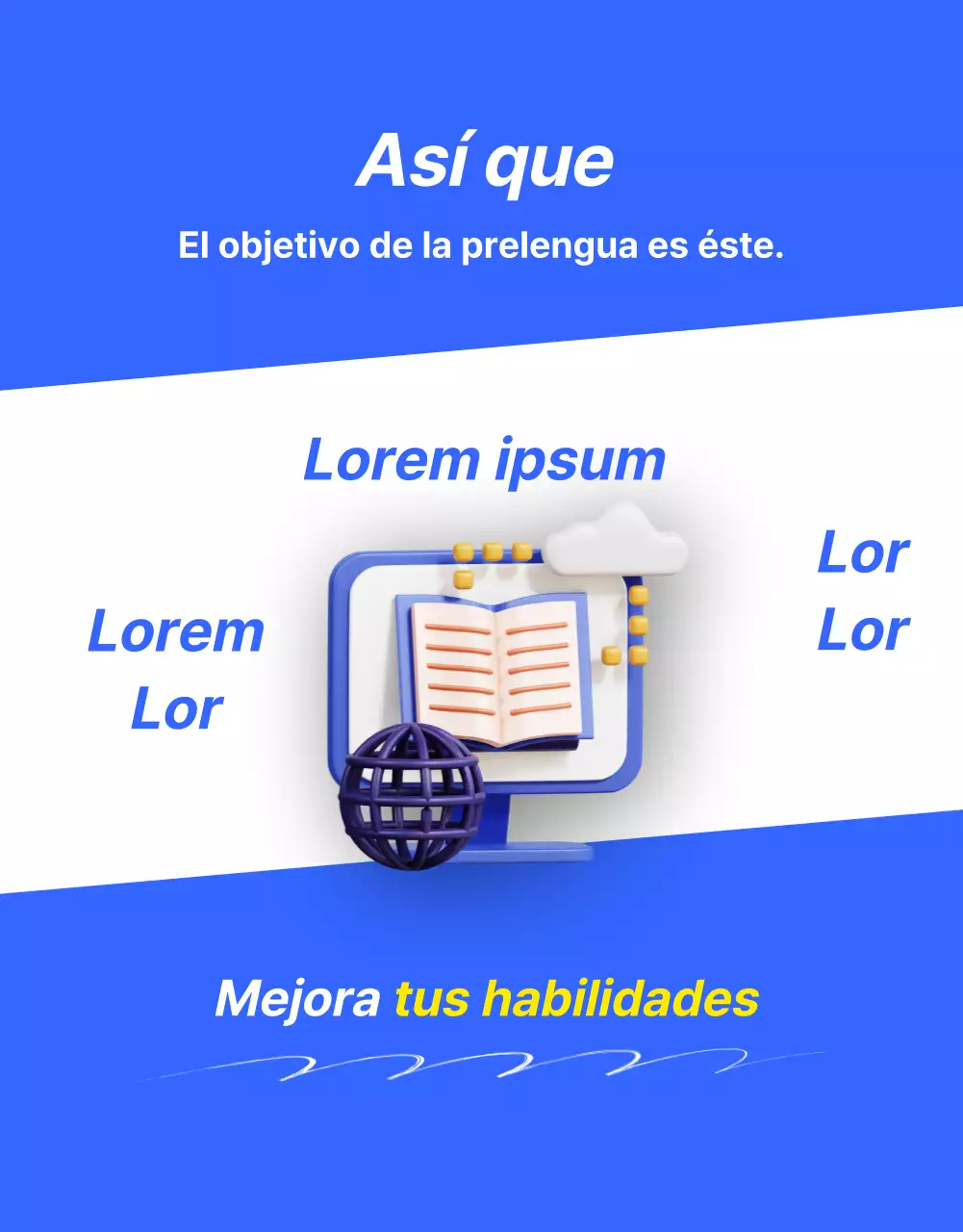 Promociona una oferta kitsch de clases de inglés en azul y amarillo