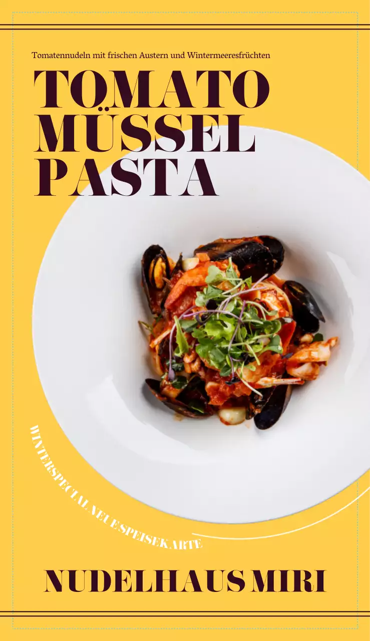 Sauberes italienisches Pasta-Restaurant-Menü mit braunen und gelben fotorealistischen Nudelbildern