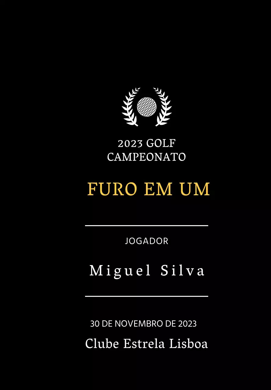 Placa de vencedor de jogador de golfe "hole-in-one" com bola de golfe e ilustração de coroa de louros