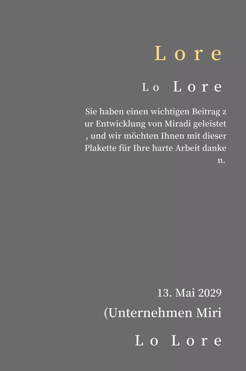 Plakette für langjährige Betriebszugehörigkeit mit Schriftkonzept in Goldserifenschrift