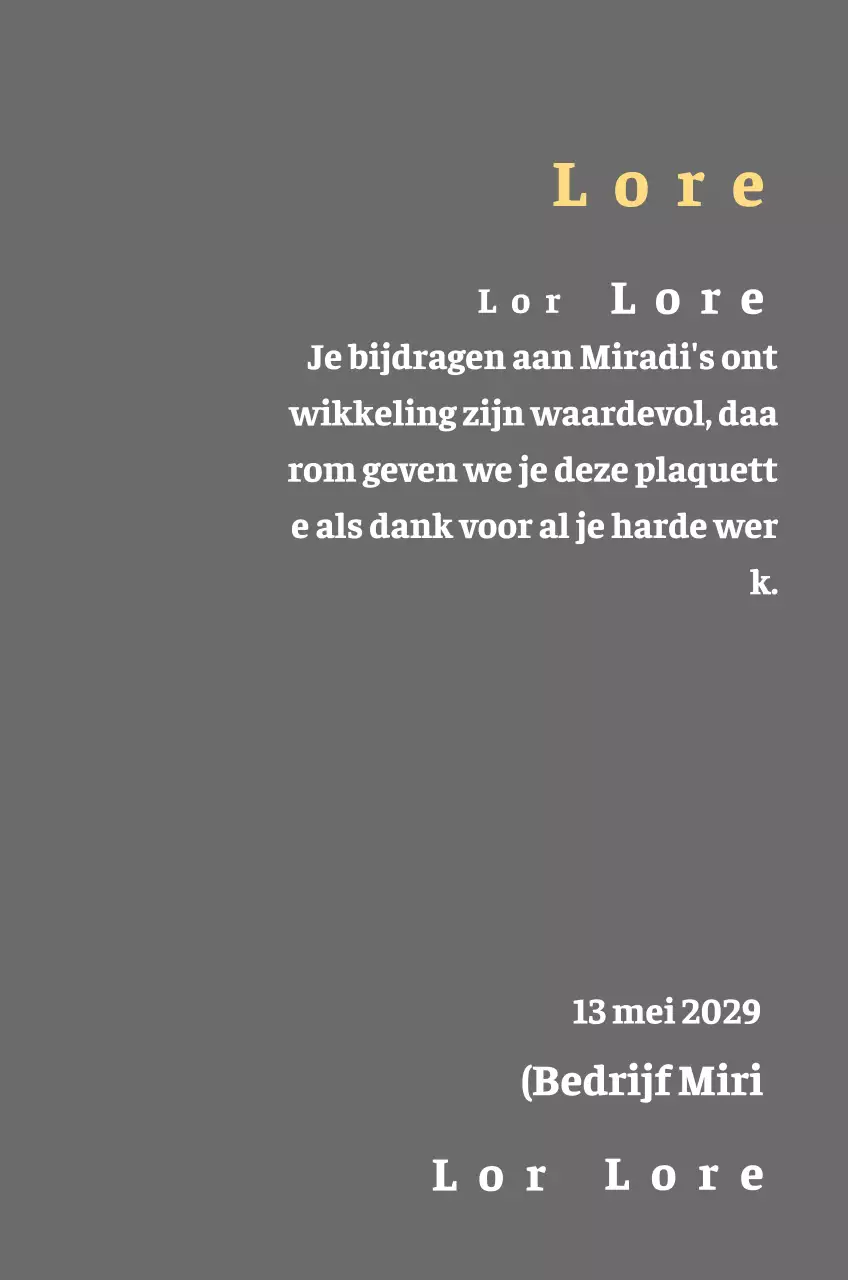 Bedrijfsplaquette voor lange dienst met gouden schreefletters