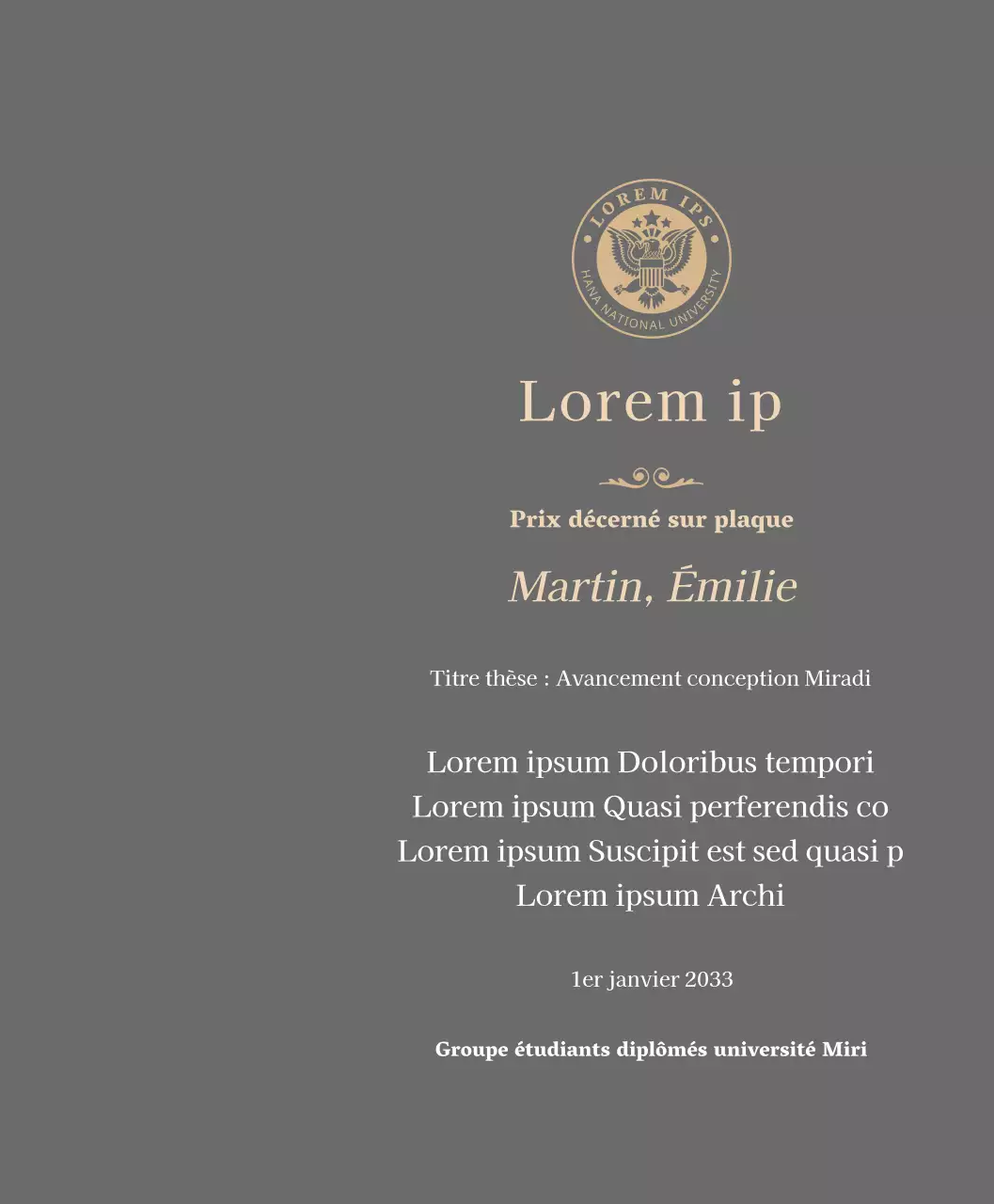 Plaque de diplôme luxueuse avec logo de l'école et bordure dorée