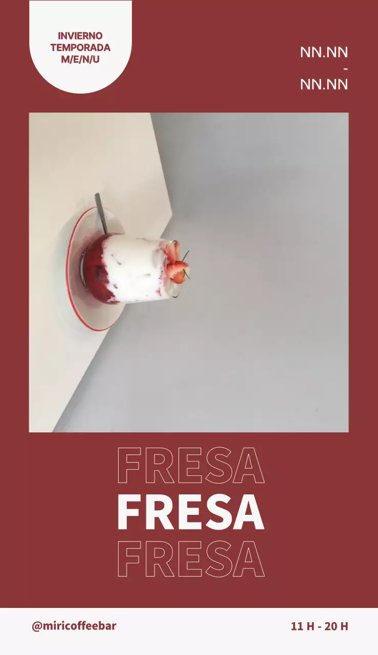 Cartelería del menú de temporada con fotos y letras de un café con leche y fresas sobre un fondo rojo y blanco