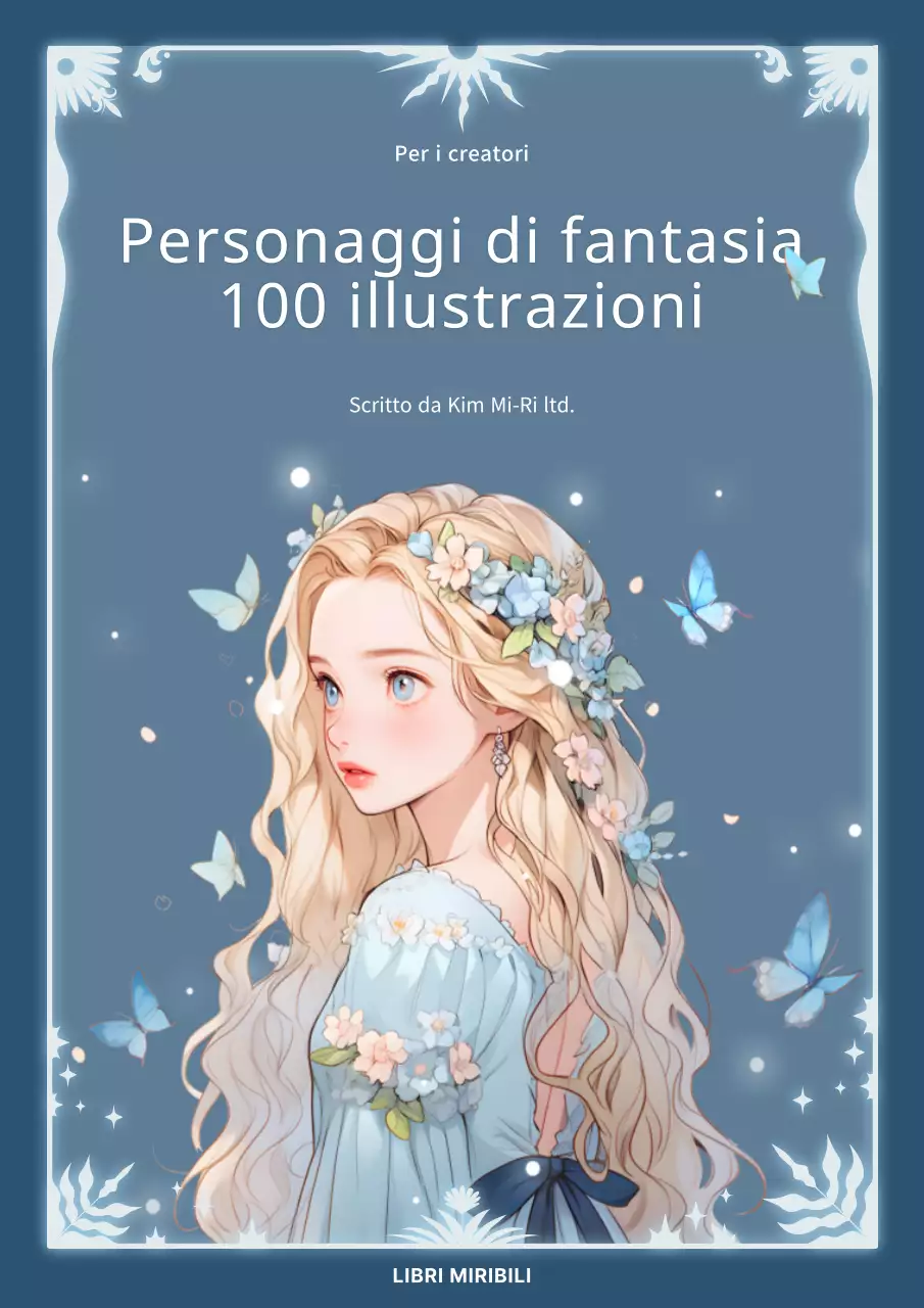 Copertina del libro con illustrazioni di personaggi di fantasia in blu navy