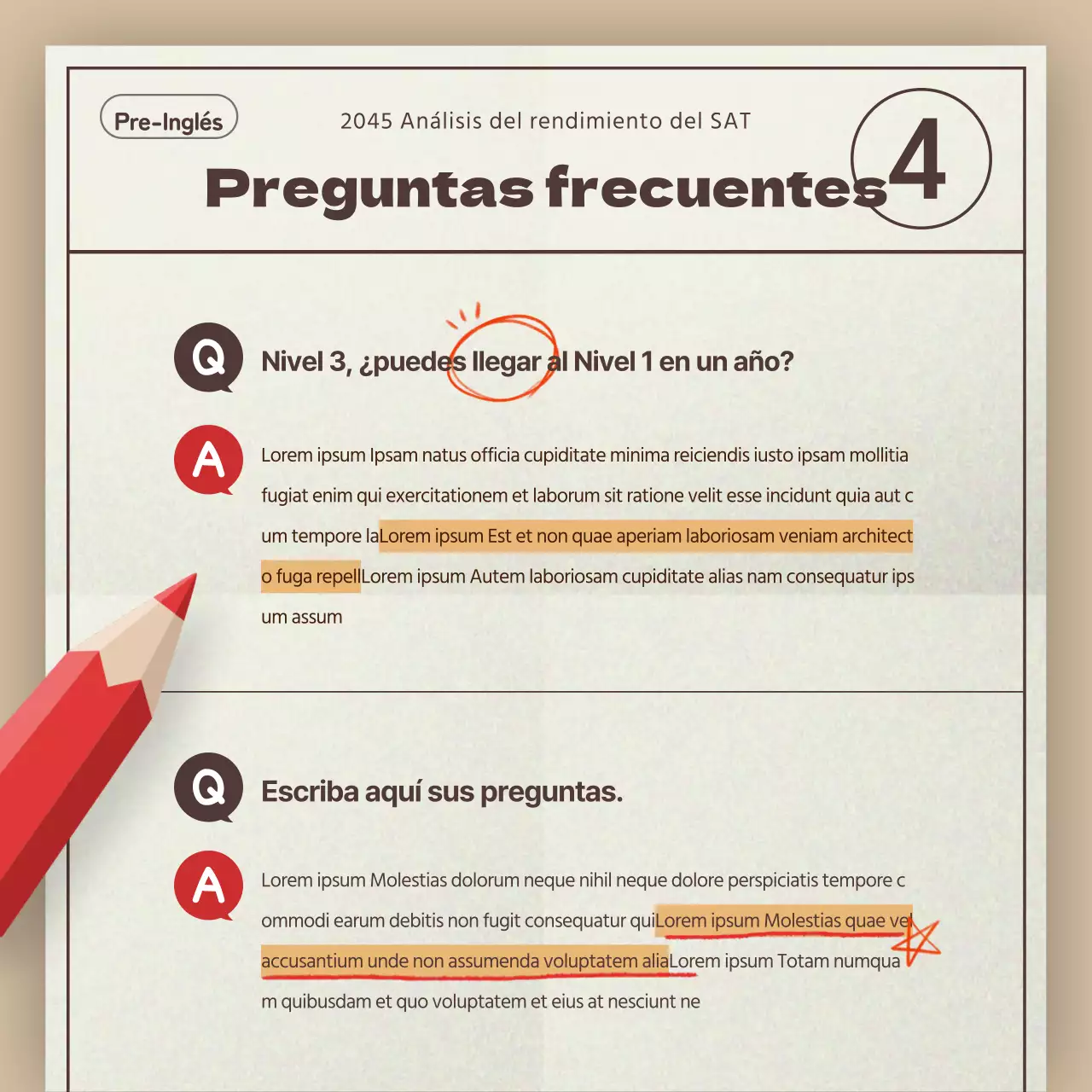 Un sencillo informe beige y rojo de análisis de tendencias de los exámenes SAT para academias