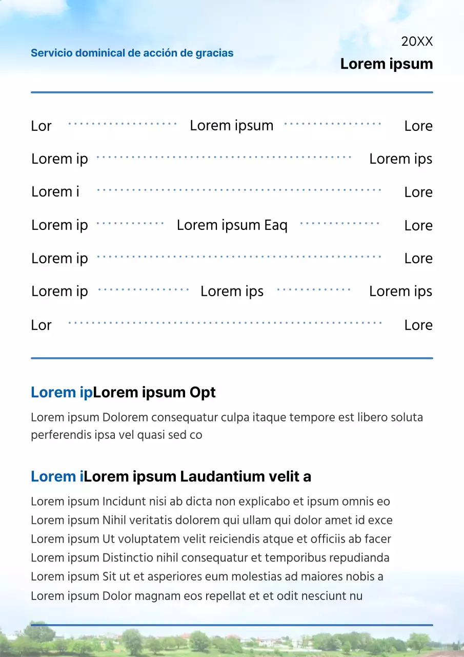 Una sencilla guía de boletines para el servicio dominical de acción de gracias en azul y blanco