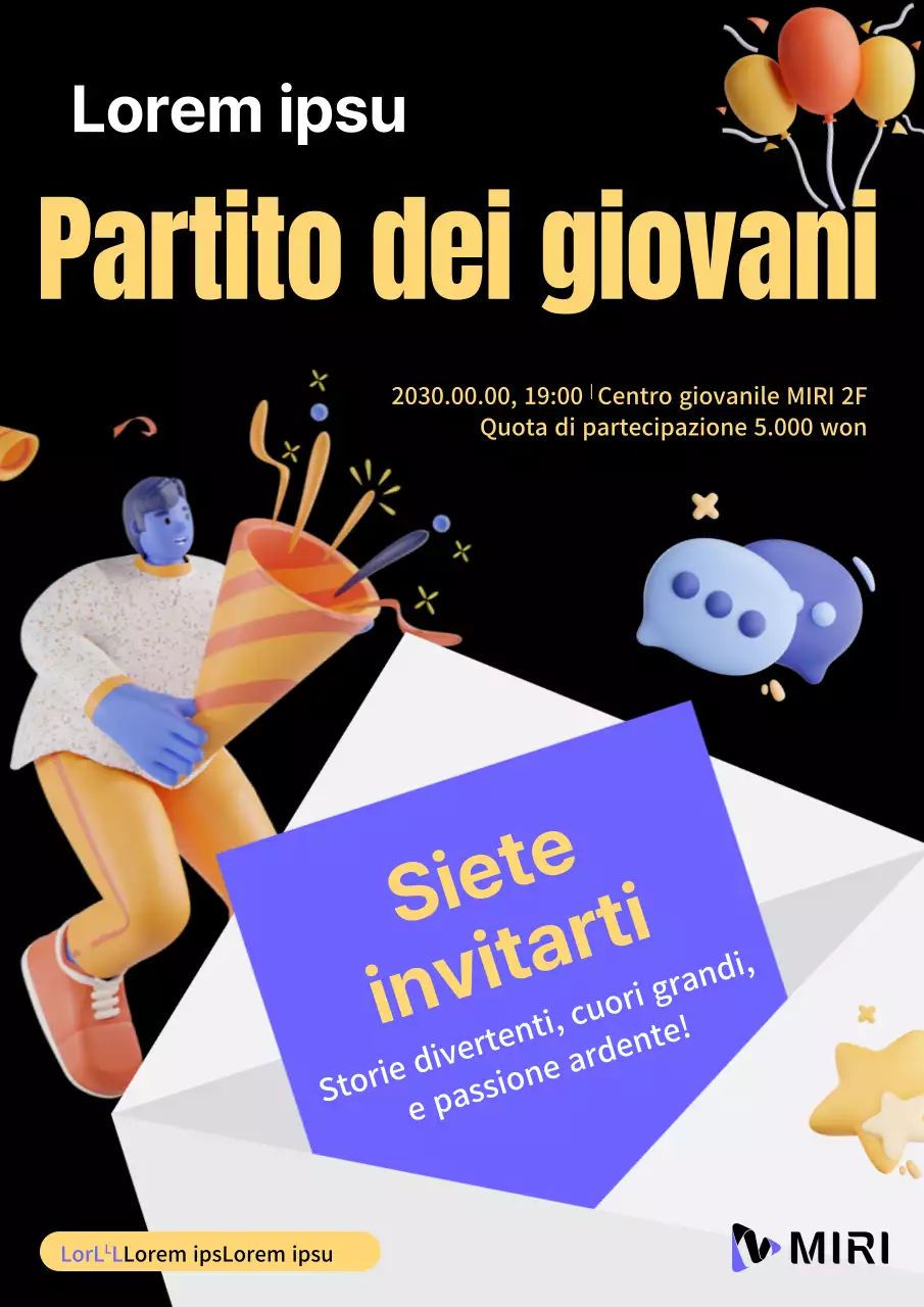 Invito kitsch per feste giovanili in giallo e blu