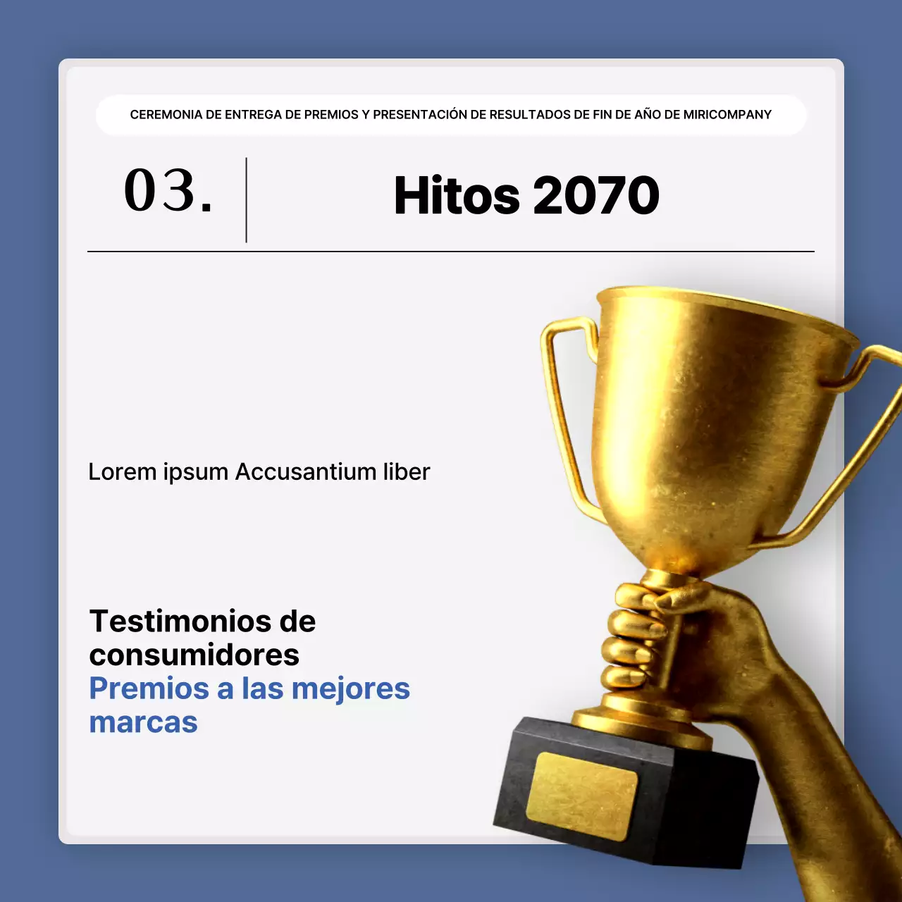 Una sencilla presentación en blanco y azul de los resultados y un informe de fin de año.