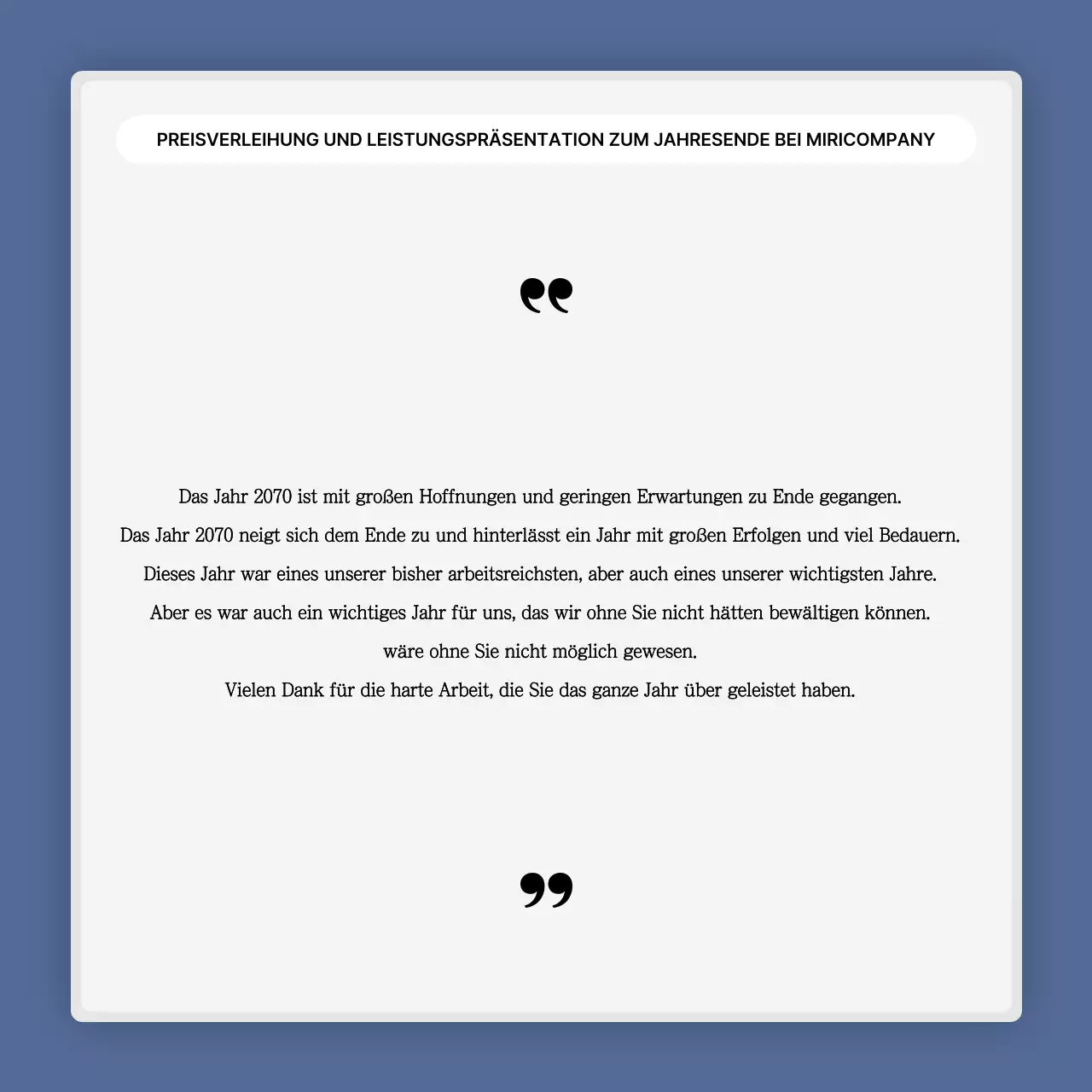 Eine einfache blau-weiße Leistungspräsentation und ein Veranstaltungsbericht zum Jahresende