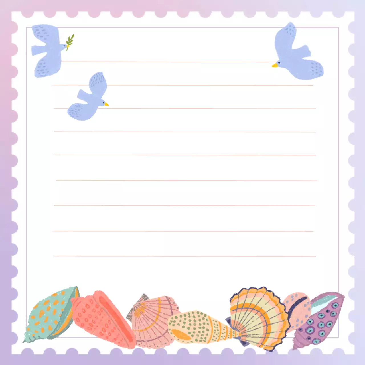 파스텔 계열의 여행 우표 모양의 갈매기와 조개 일러스트가 있는 메모용