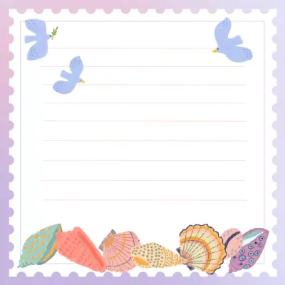 파스텔 계열의 여행 우표 모양의 갈매기와 조개 일러스트가 있는 메모용