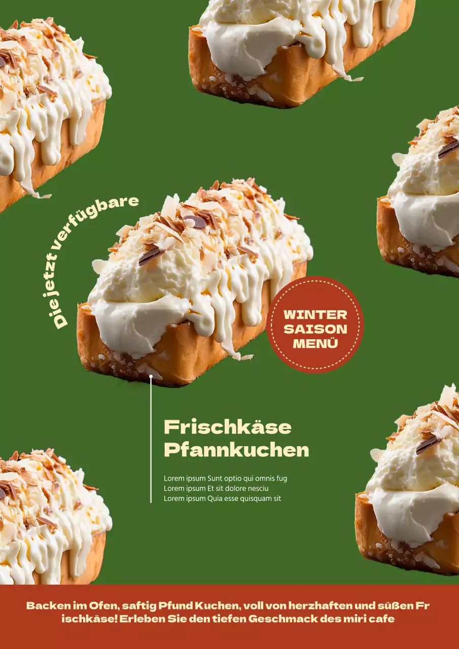 Werbung für ein klassisches Dessertmenü mit rotem und grünem Hintergrund