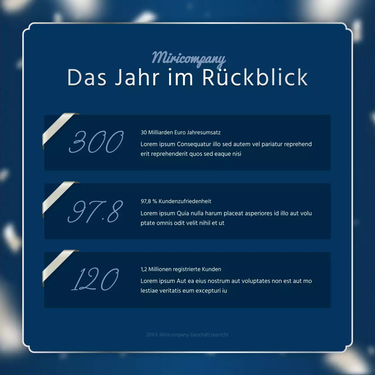 Ein luxuriöser Leistungsbericht zum Jahresende in Marineblau und Silber