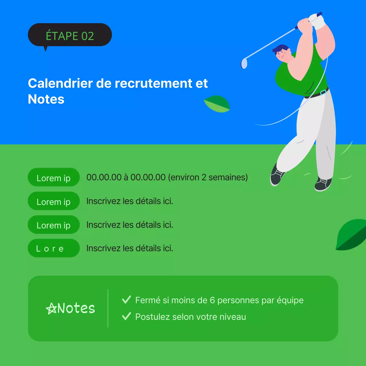 Publicité minimaliste pour un club de golf en vert et bleu