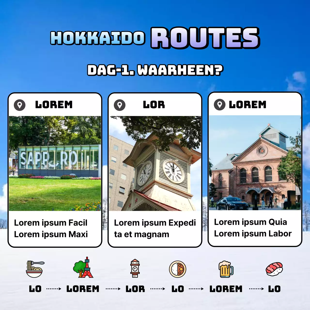 Kitscherige reispromotie voor Hokkaido in lichtblauw en mauve