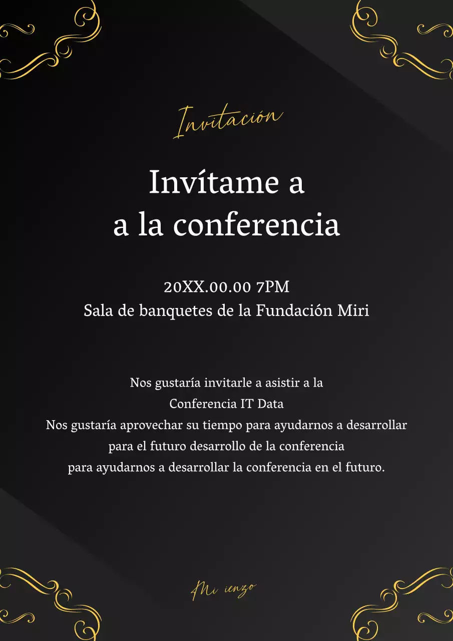 Una lujosa invitación de conferencia en negro y amarillo