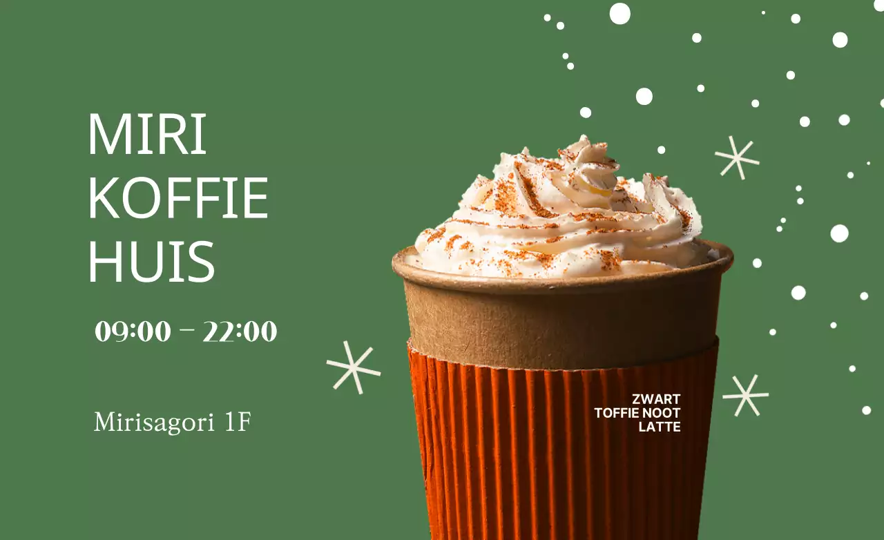 Warm concept café promo met sneeuwvlokken, schreven en koffie