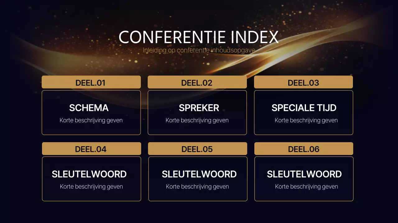 Een luxe conferentiepresentatie in marineblauw en goud