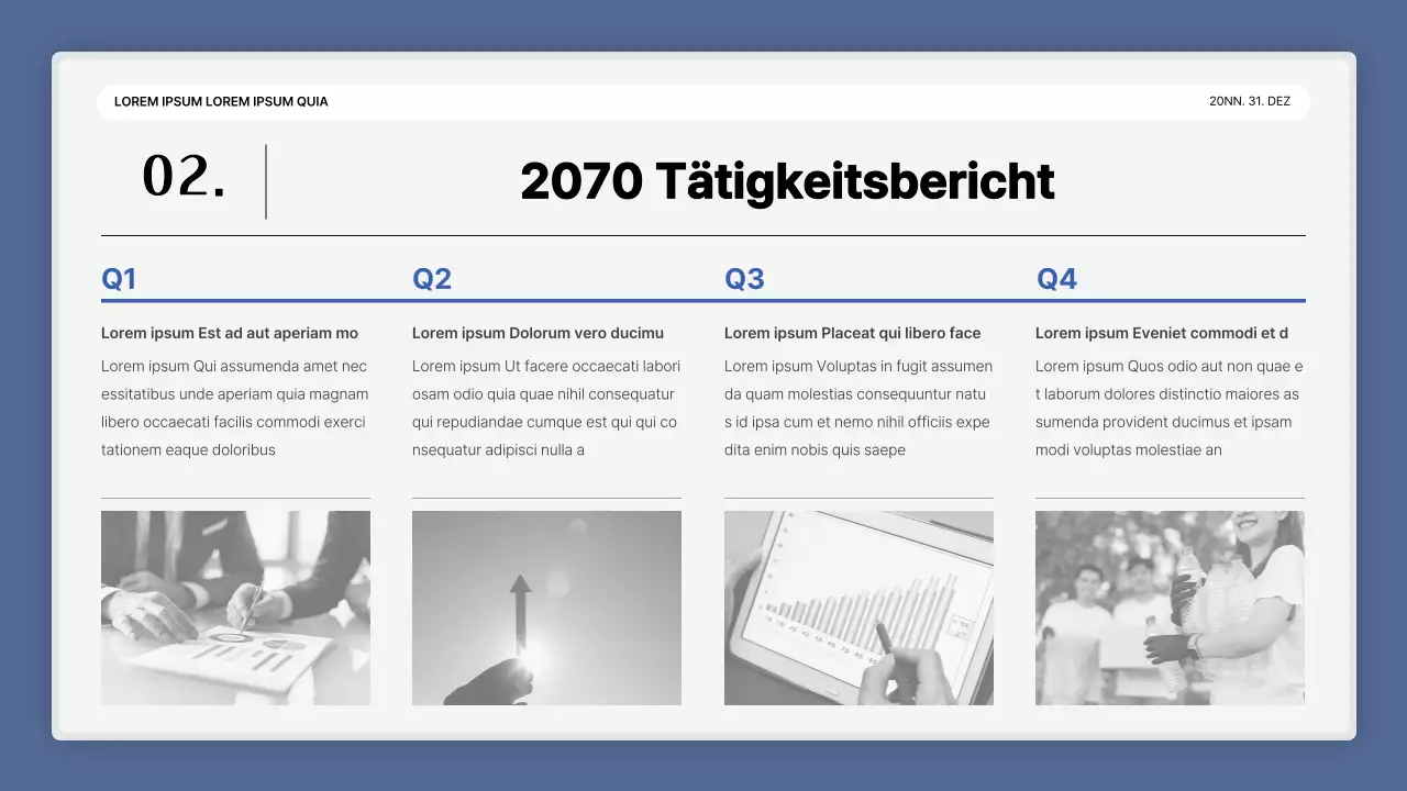 Eine einfache blau-weiße Leistungspräsentation und ein Veranstaltungsbericht zum Jahresende