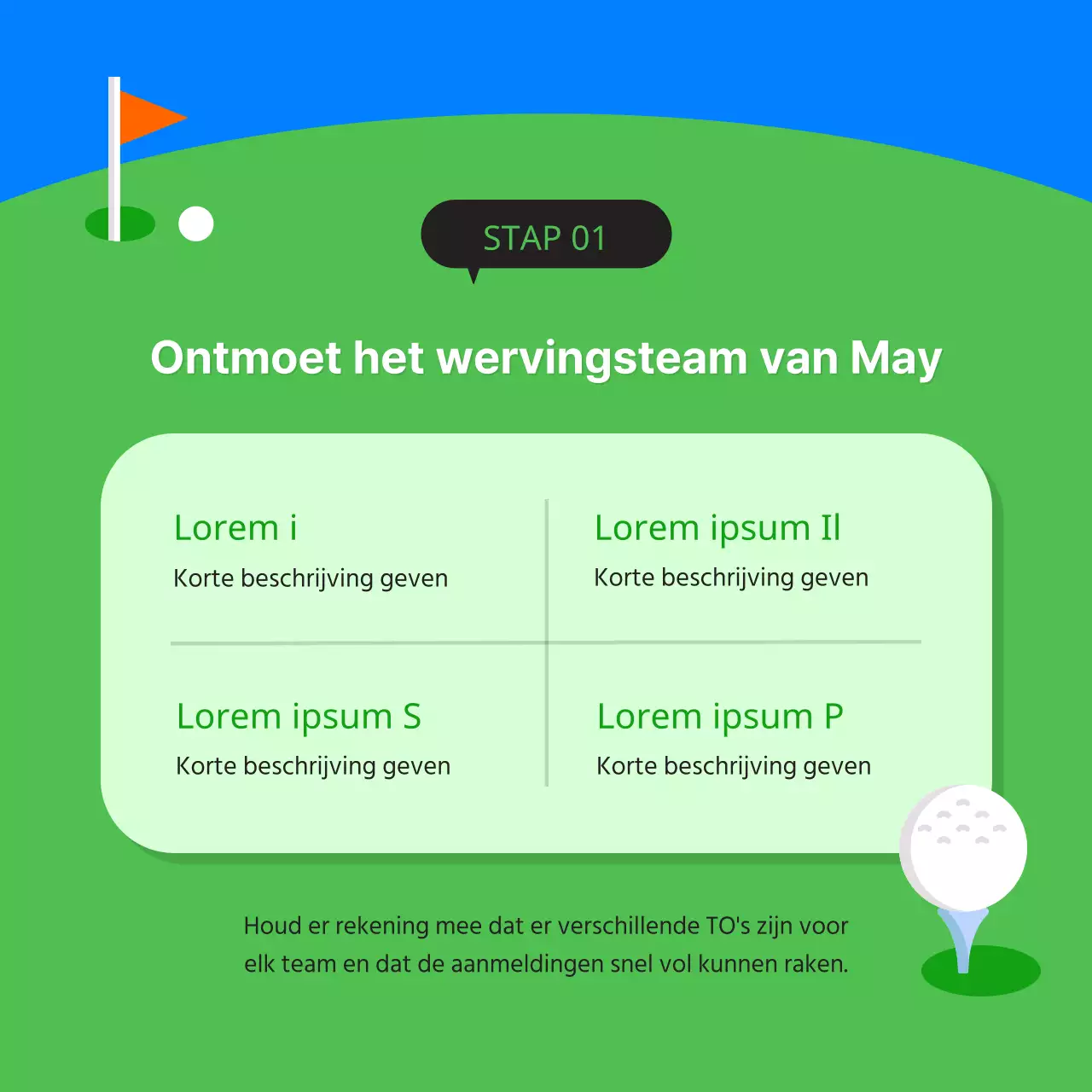 Minimalistische golfclub advertentie in groen en blauw