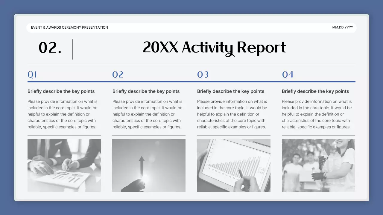A simple blue-and-white performance presentation and end-of-year event report