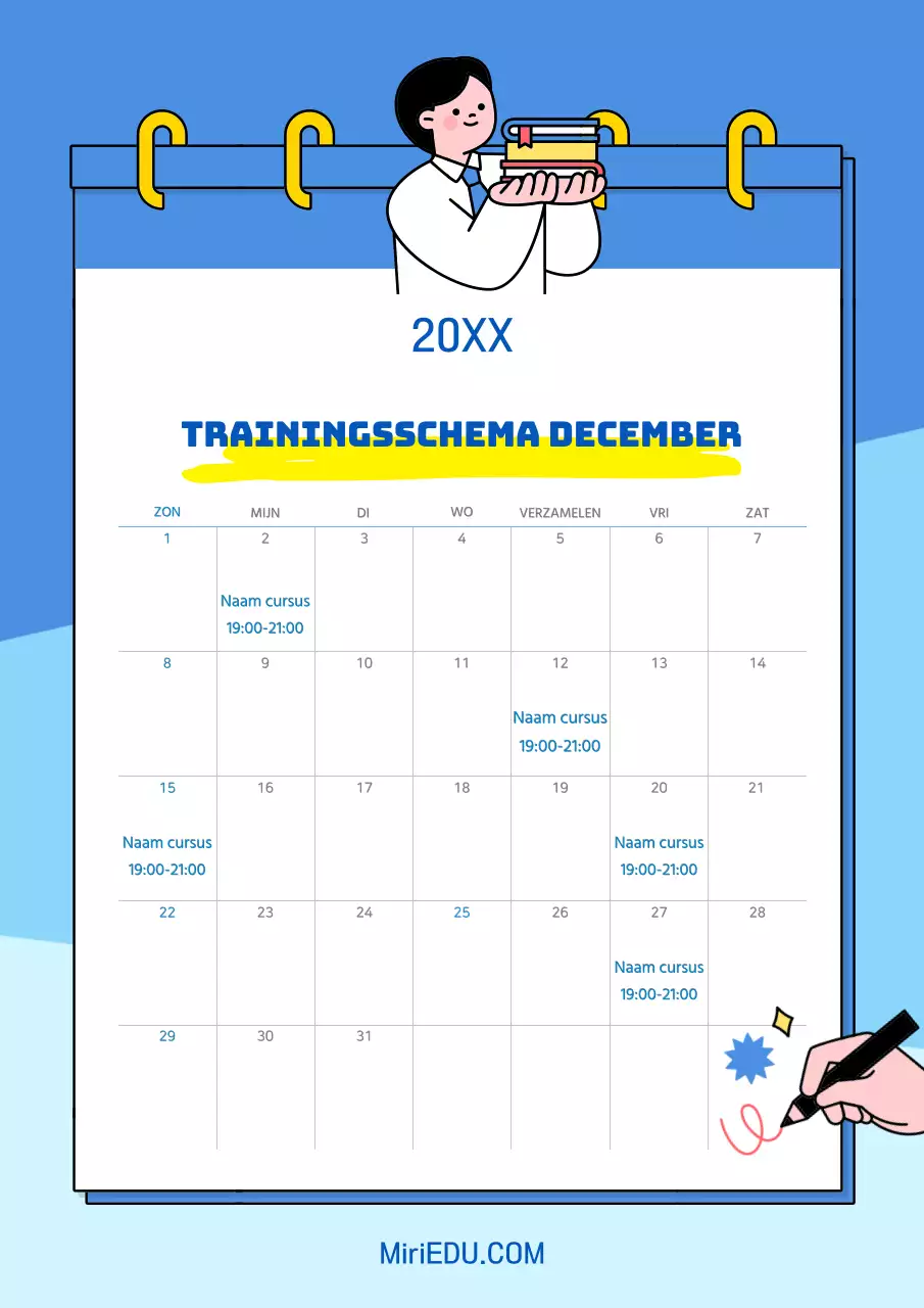 Een eenvoudige kalender in blauw en lichtblauw met roosterinformatie