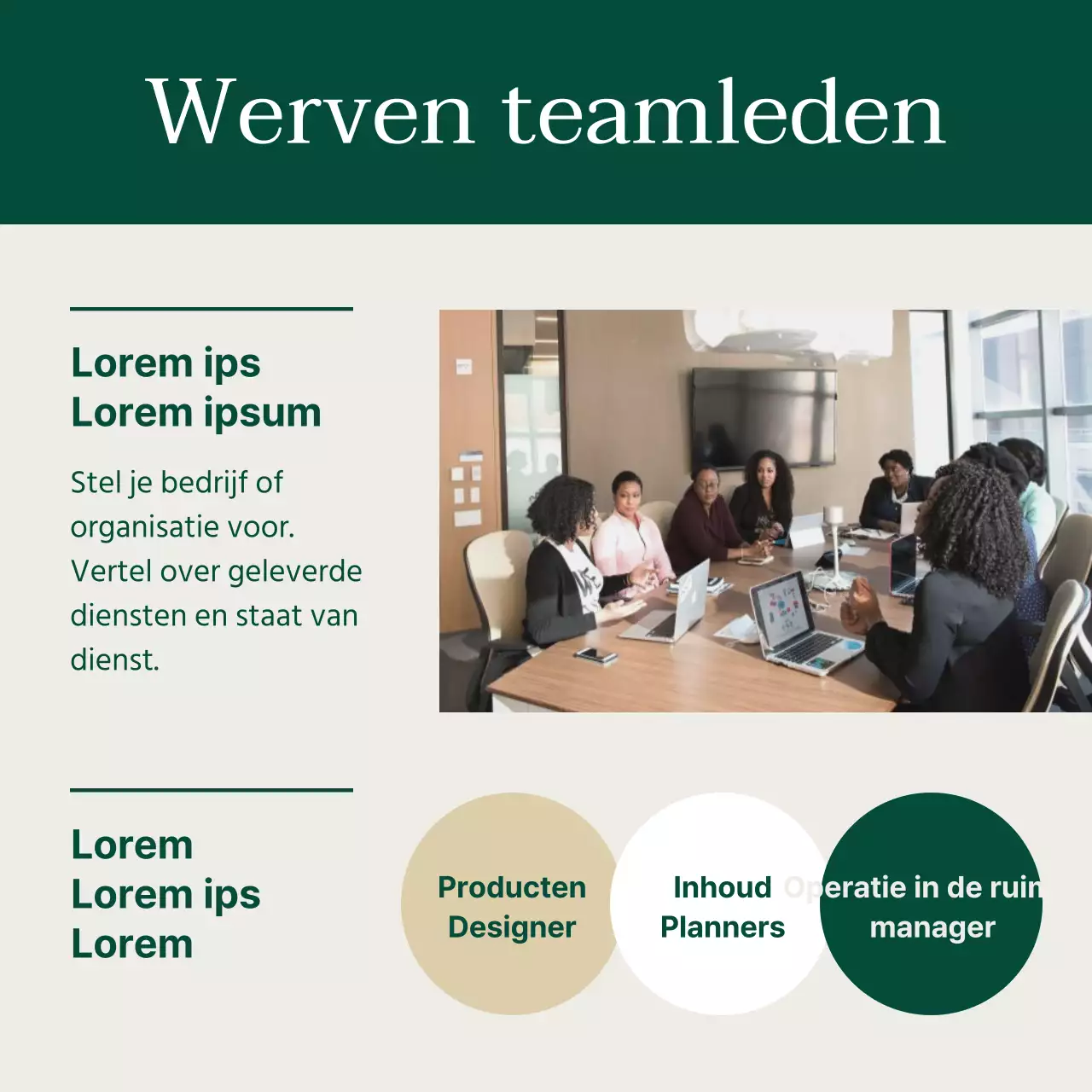 Advertentie voor moderne teamwerving in groen en beige