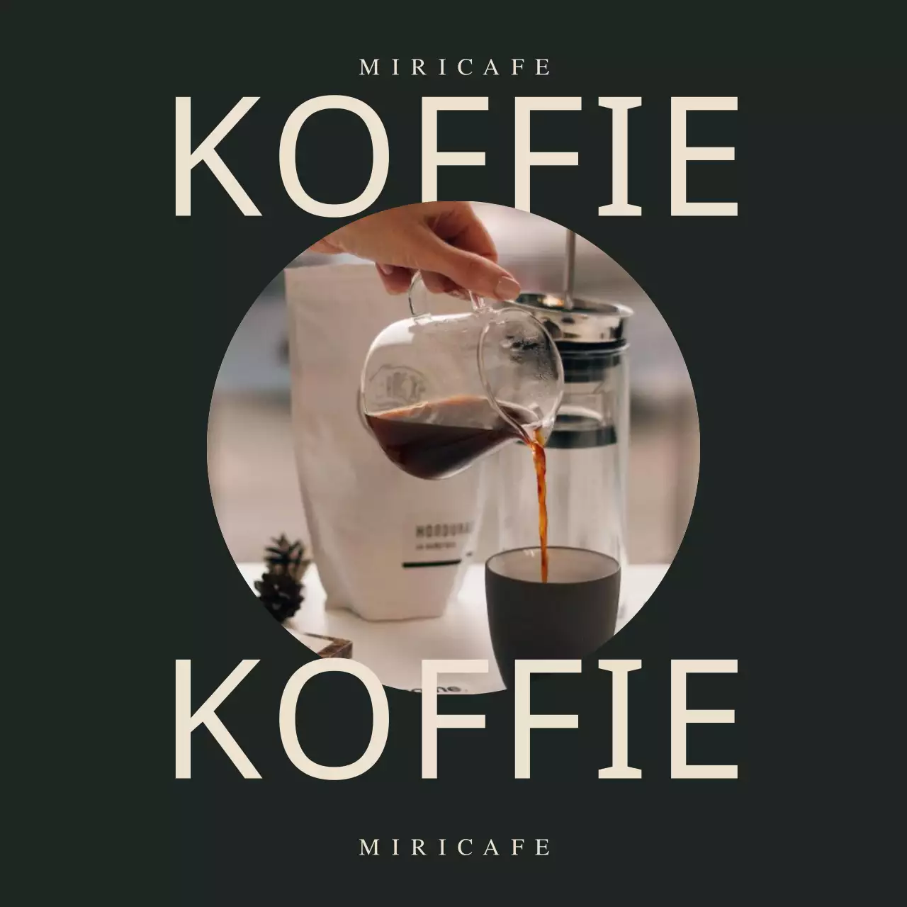 Een eenvoudige advertentie van een cafémerk in groen en ivoor