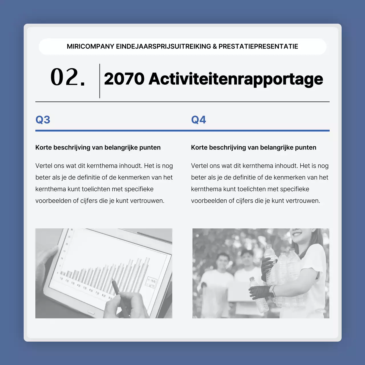 Een eenvoudige blauw-witte prestatiepresentatie en eindejaarsverslag