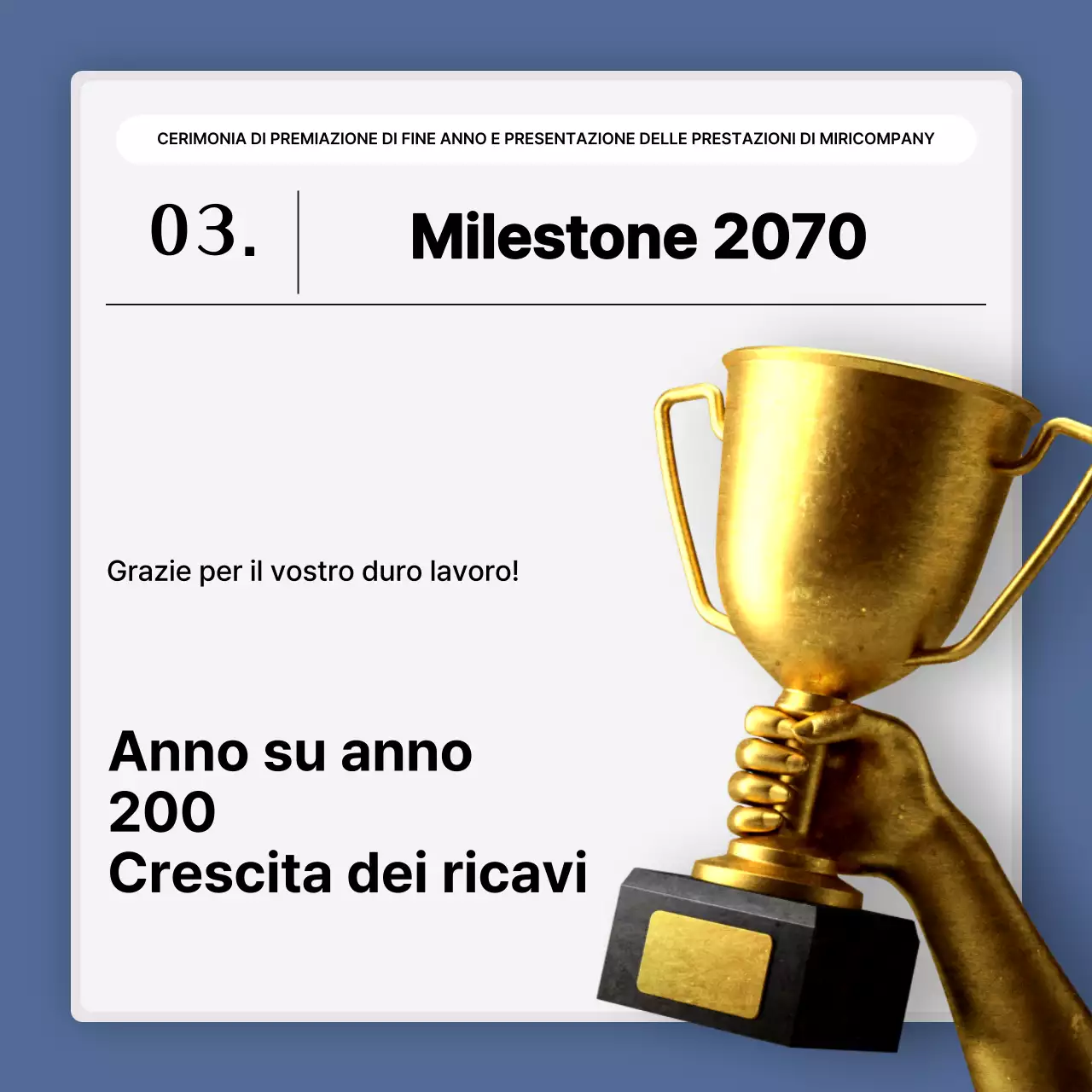 Una semplice presentazione delle prestazioni in bianco e blu e una relazione sull'evento di fine anno