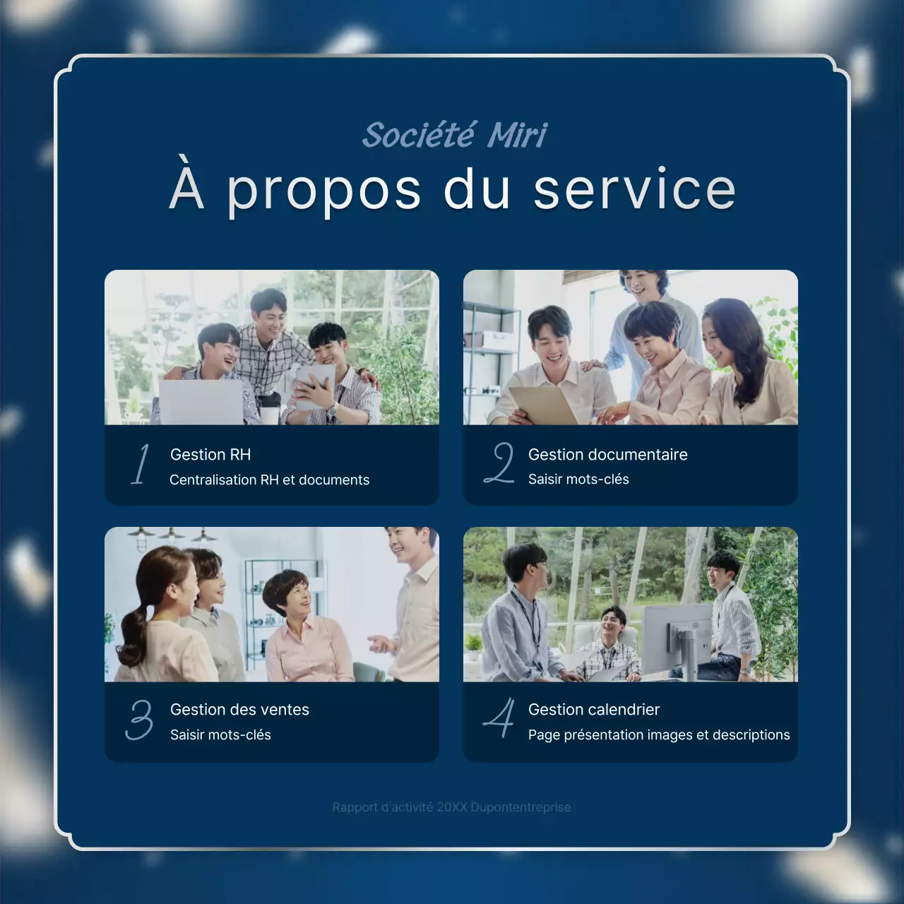 Un luxueux poste de rapport de performance de fin d'année en bleu marine et en argent