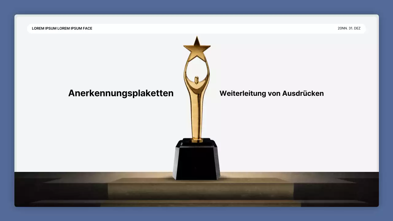 Eine einfache blau-weiße Leistungspräsentation und ein Veranstaltungsbericht zum Jahresende