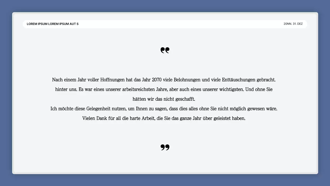 Eine einfache blau-weiße Leistungspräsentation und ein Veranstaltungsbericht zum Jahresende