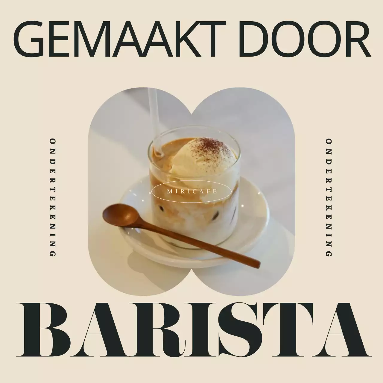 Een eenvoudige advertentie van een cafémerk in groen en ivoor