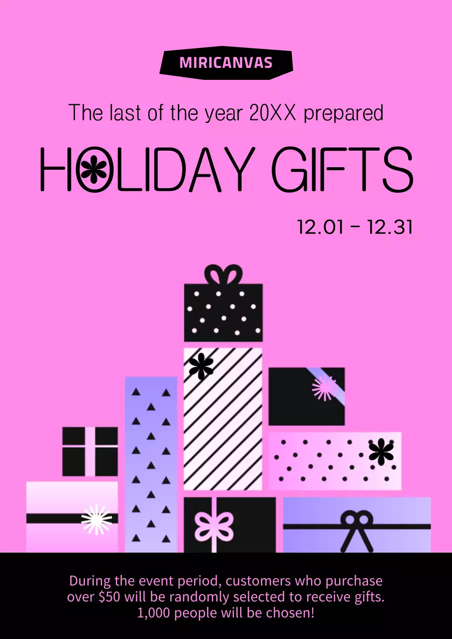 Geometric holiday gift box event ad in pink and black